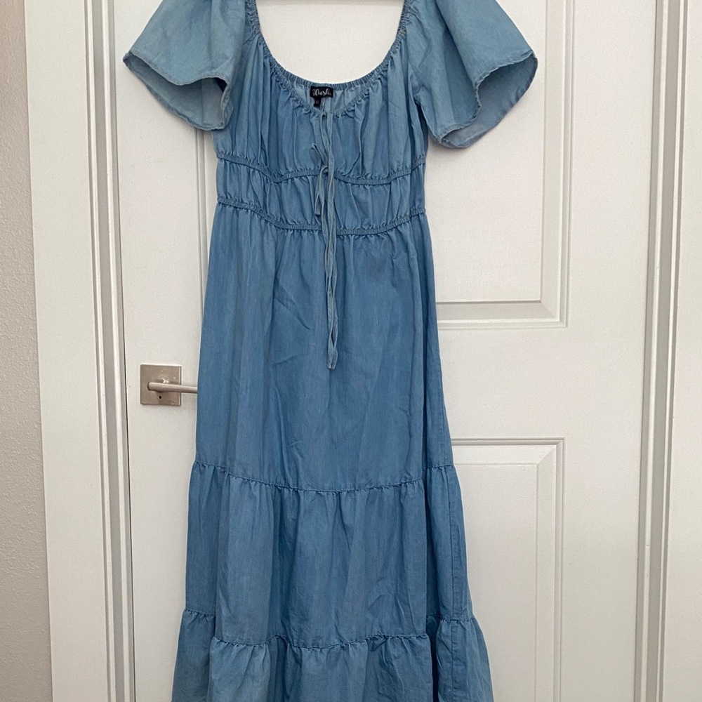 Blush Light Blue Tiered Midi Dress with Tie Front